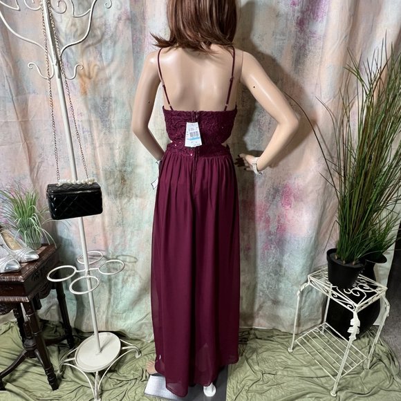 NEW📌Sexy Burgundy Infinity Beaded Cutout Sequin Lace Chiffon Prom Gown - Picture 2 of 15